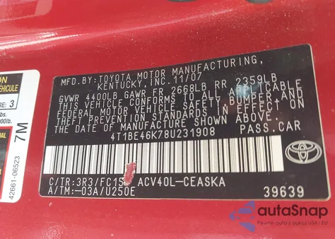 2008 Toyota Camry Se из США, поврежденный, VIN 4T1BE46K78U231908